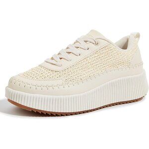 Lucky Step Women Beige Rhinestone Sparkly Chunky Retro Braided Casual Sneakers